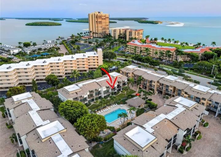 Aerial view of the Marco Island snowbird rental community near South Beach and the Gulf
